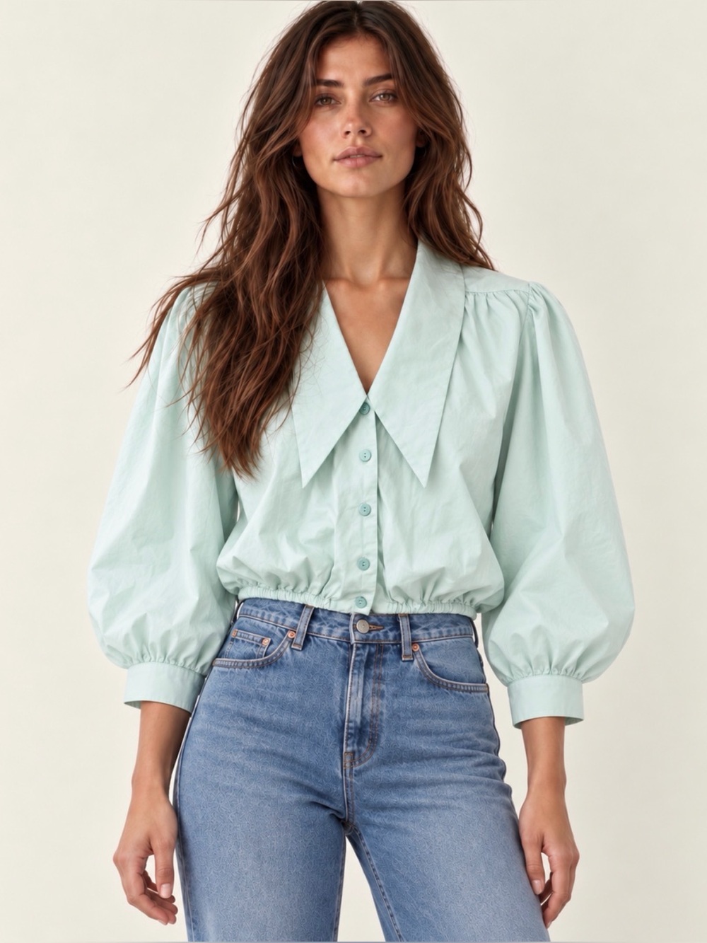 Zara Mint Green Exaggerated Collar Puff Sleeve Cotton Blouse Small Oversized